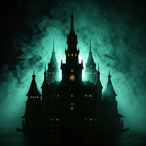 Dark moody silhouette of a high-fantasy steampunk city skyline shrouded in emerald fog